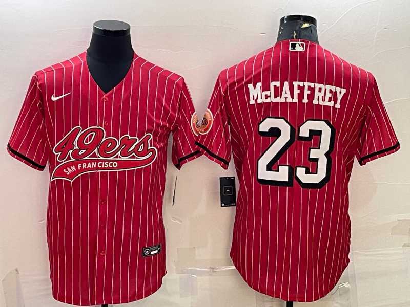 Men%27s San Francisco 49ers #23 Christian McCaffrey Red Pinstripe Color Rush With Patch Cool Base Stitched Baseball Jersey->san francisco 49ers->NFL Jersey